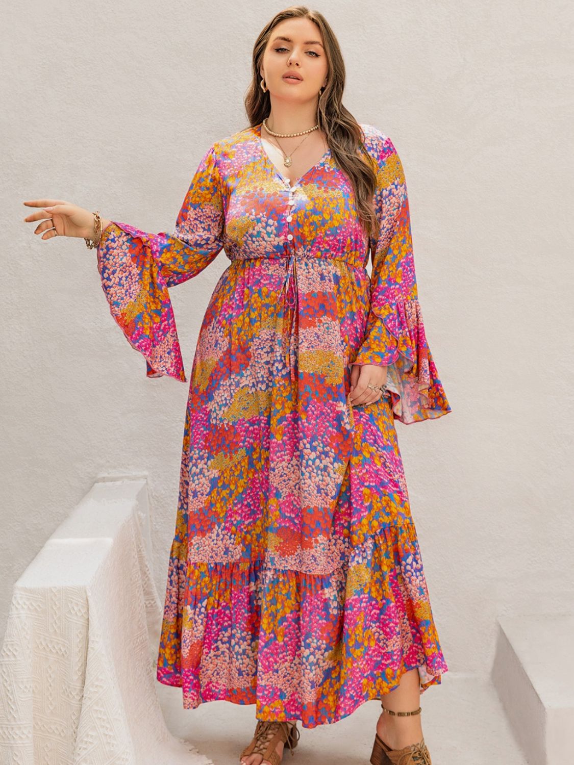 Elegant Women's Plus Size Printed V-Neck Long Sleeve Maxi Dress