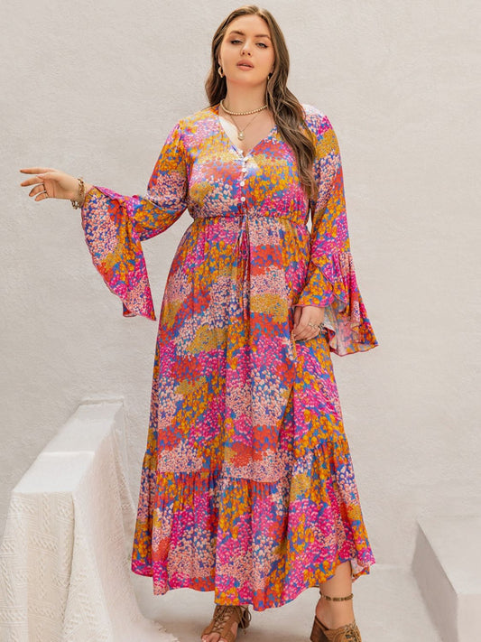 Elegant Women's Plus Size Printed V-Neck Long Sleeve Maxi Dress