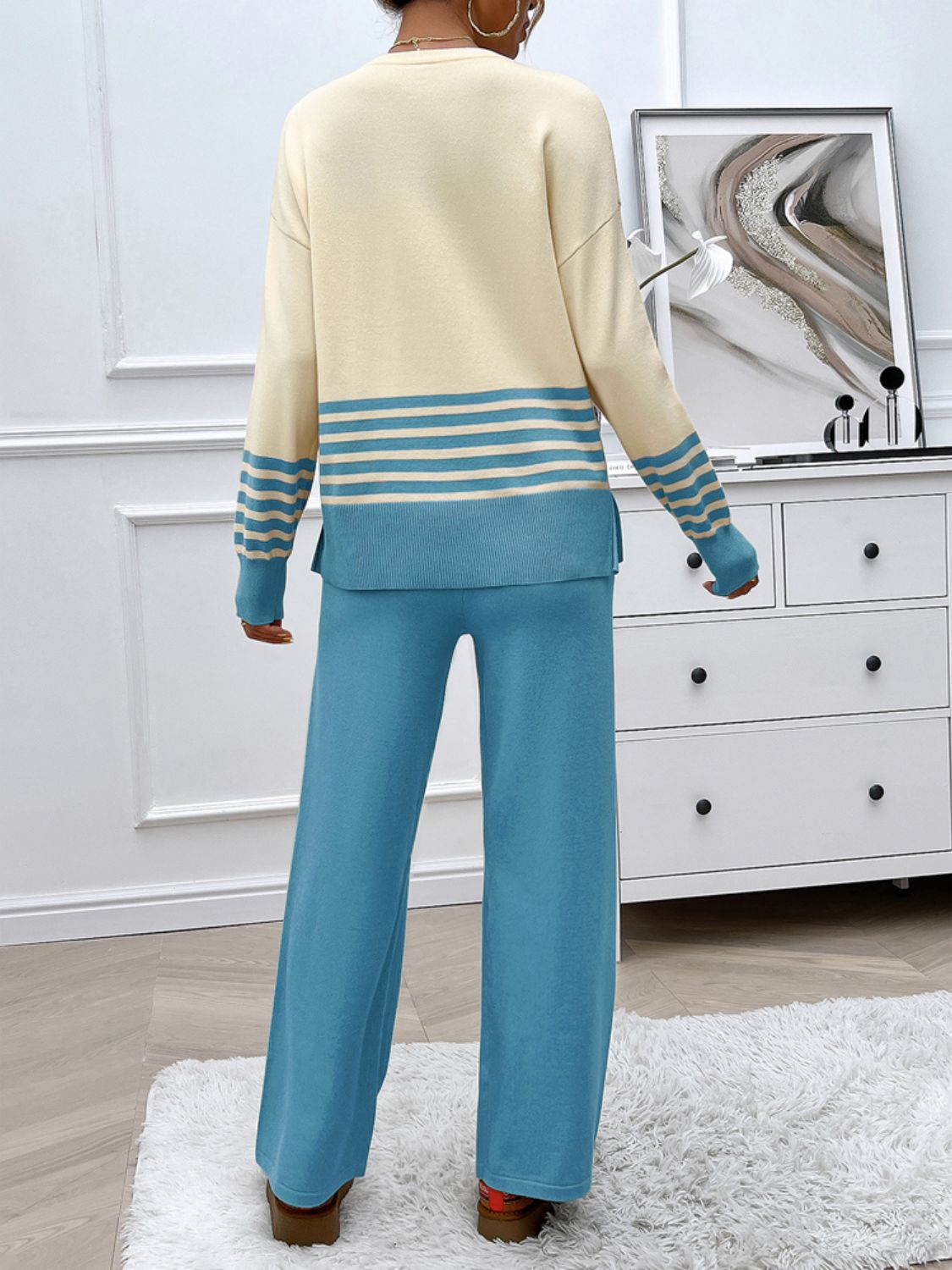 Women Dress Slit Striped Round Neck Top and Pants Sweater Set