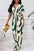 Women Printed V Neck Long Lantern Sleeves Lace Up Wide Leg Jumpsuit