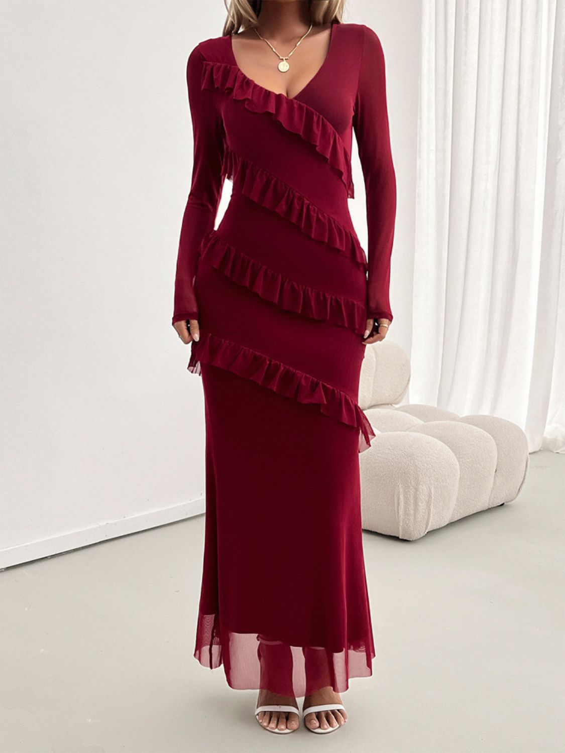 Ruffled Surplice Long Sleeve Maxi Dress for Women