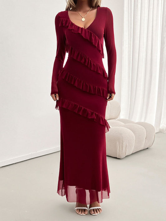 Ruffled Surplice Long Sleeve Maxi Dress for Women