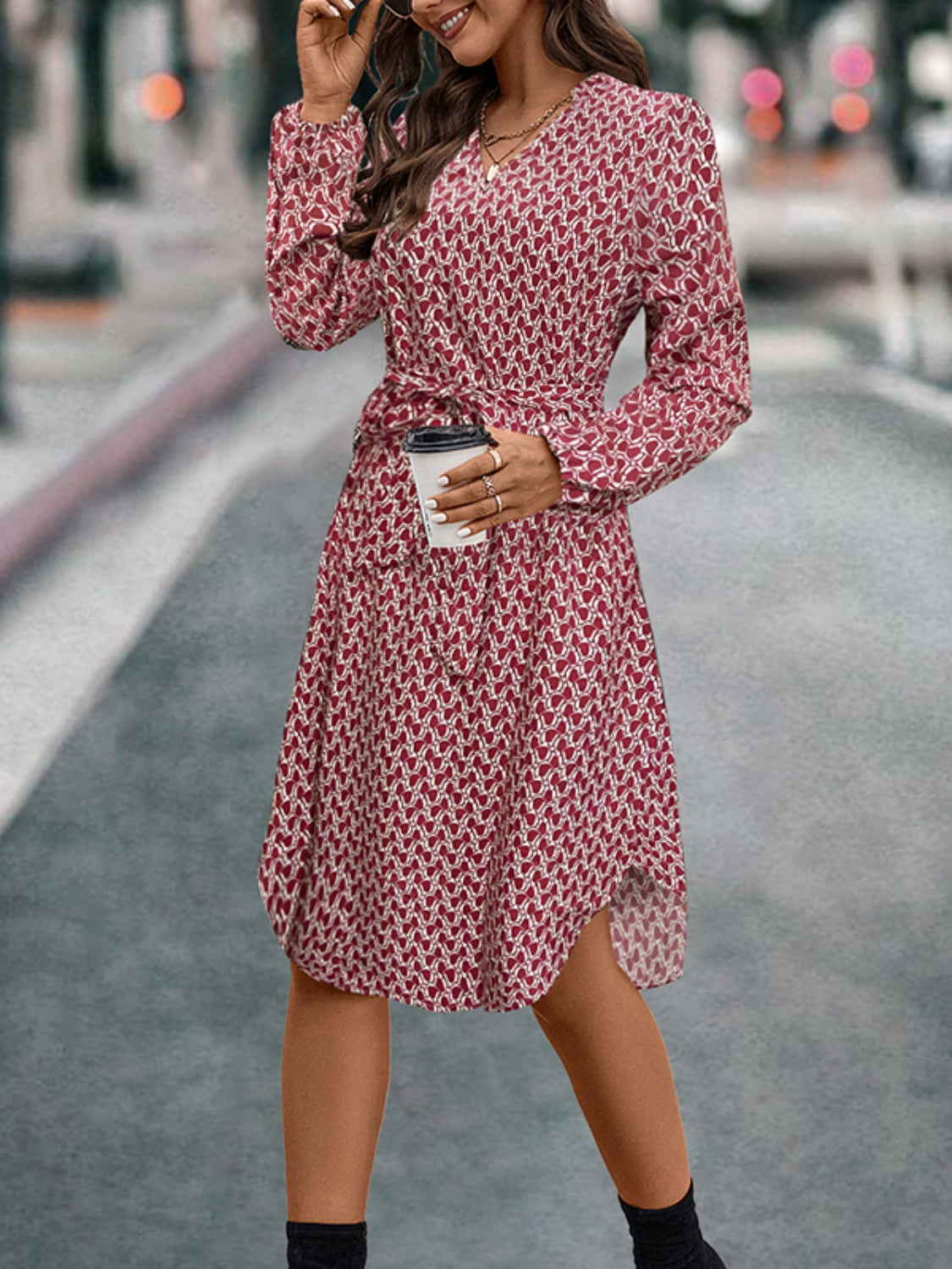 Tied Printed Collared Neck Notched Balloon Sleeve Midi Dress
