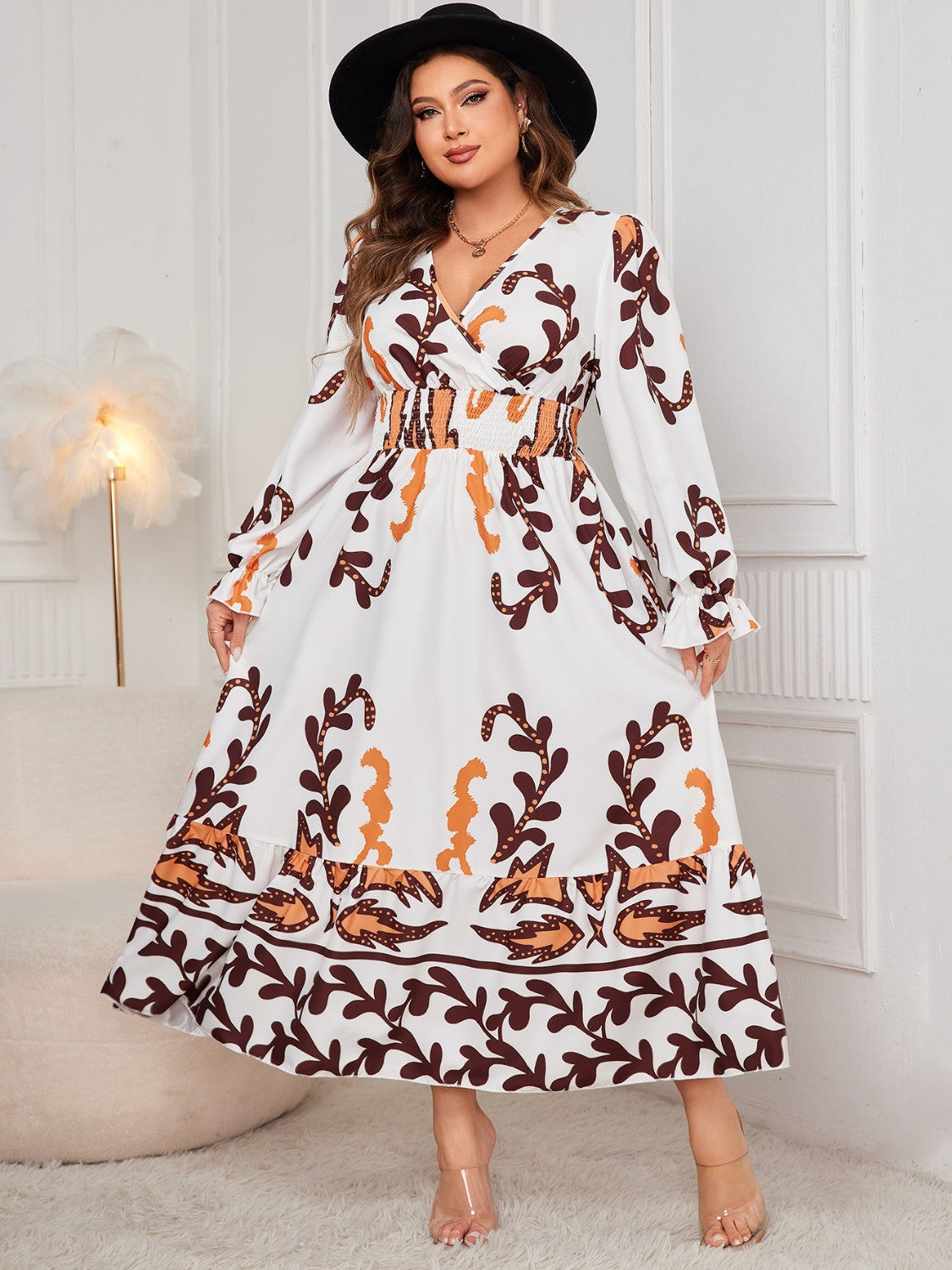 Women Fashion Plus Size Printed Surplice Flounce Sleeve Dress