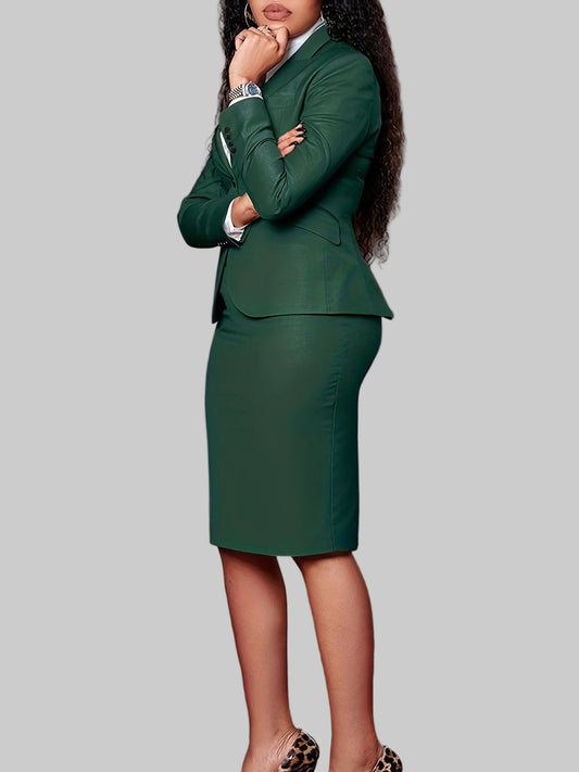 Woman wearing a green suit against a brown background