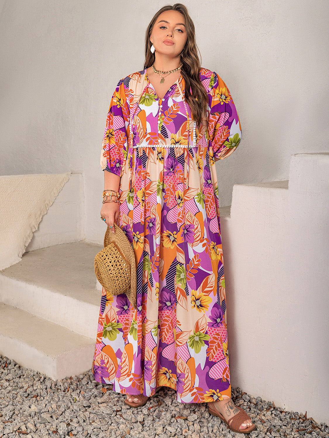 Women's Clothing Plus Size Printed Tie Neck Maxi Dress
