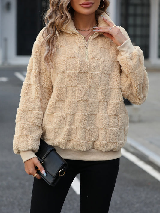 Fuzzy Quarter Zip Long Sleeve Sweatshirt Casual Warm and Cozy Wear