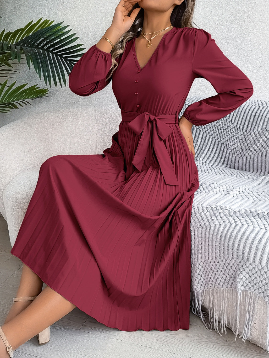 Women Pleated Tied V-Neck Long Sleeve Dress
