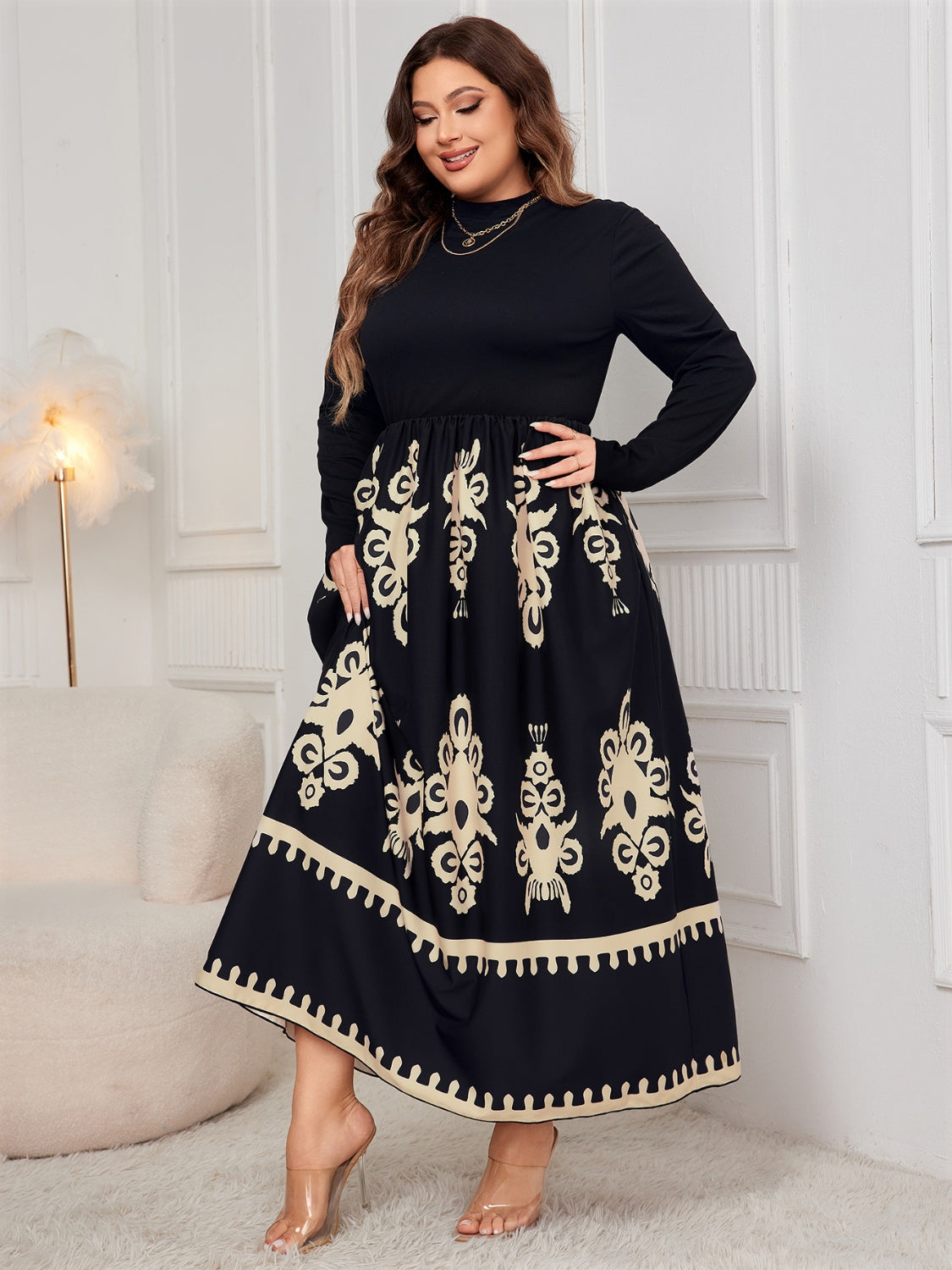 Plus Size Floral Embroidered Printed Mock Neck Long Sleeve Dress