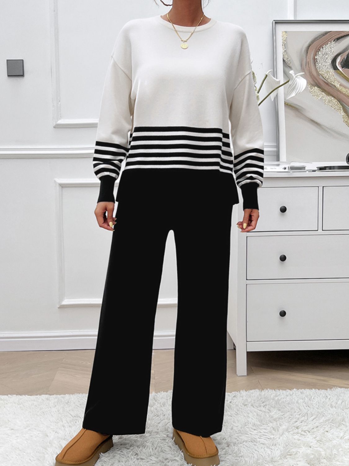 Women Dress Slit Striped Round Neck Top and Pants Sweater Set