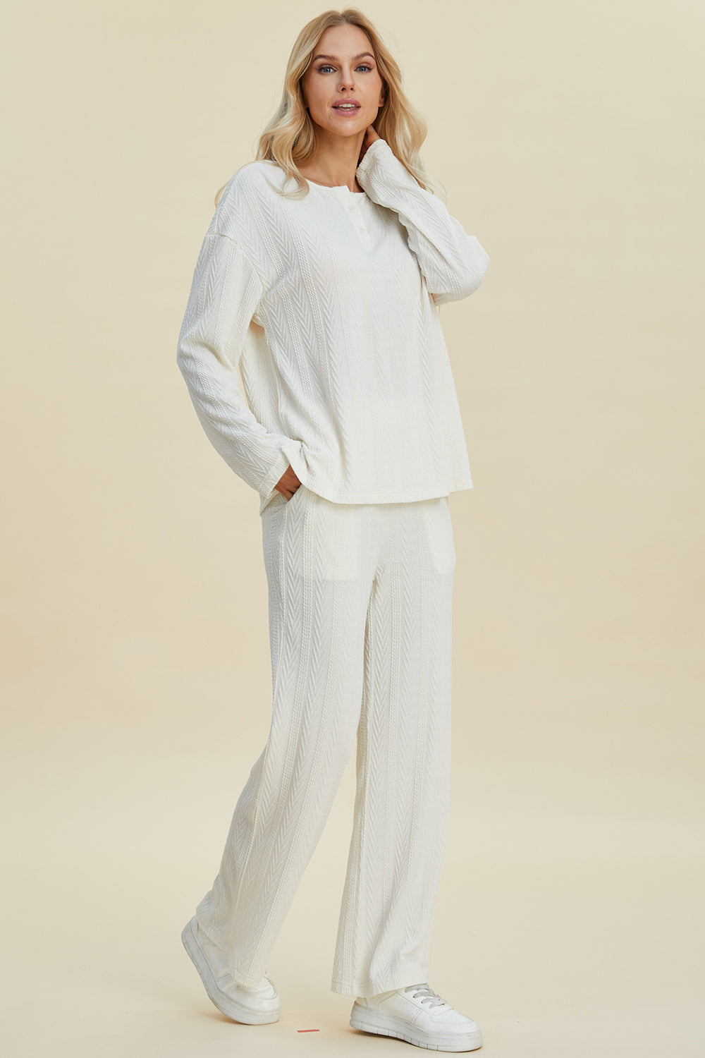 Women Cable-Knit 2 Pieces Outfits Long Sleeve Top and Pants Set