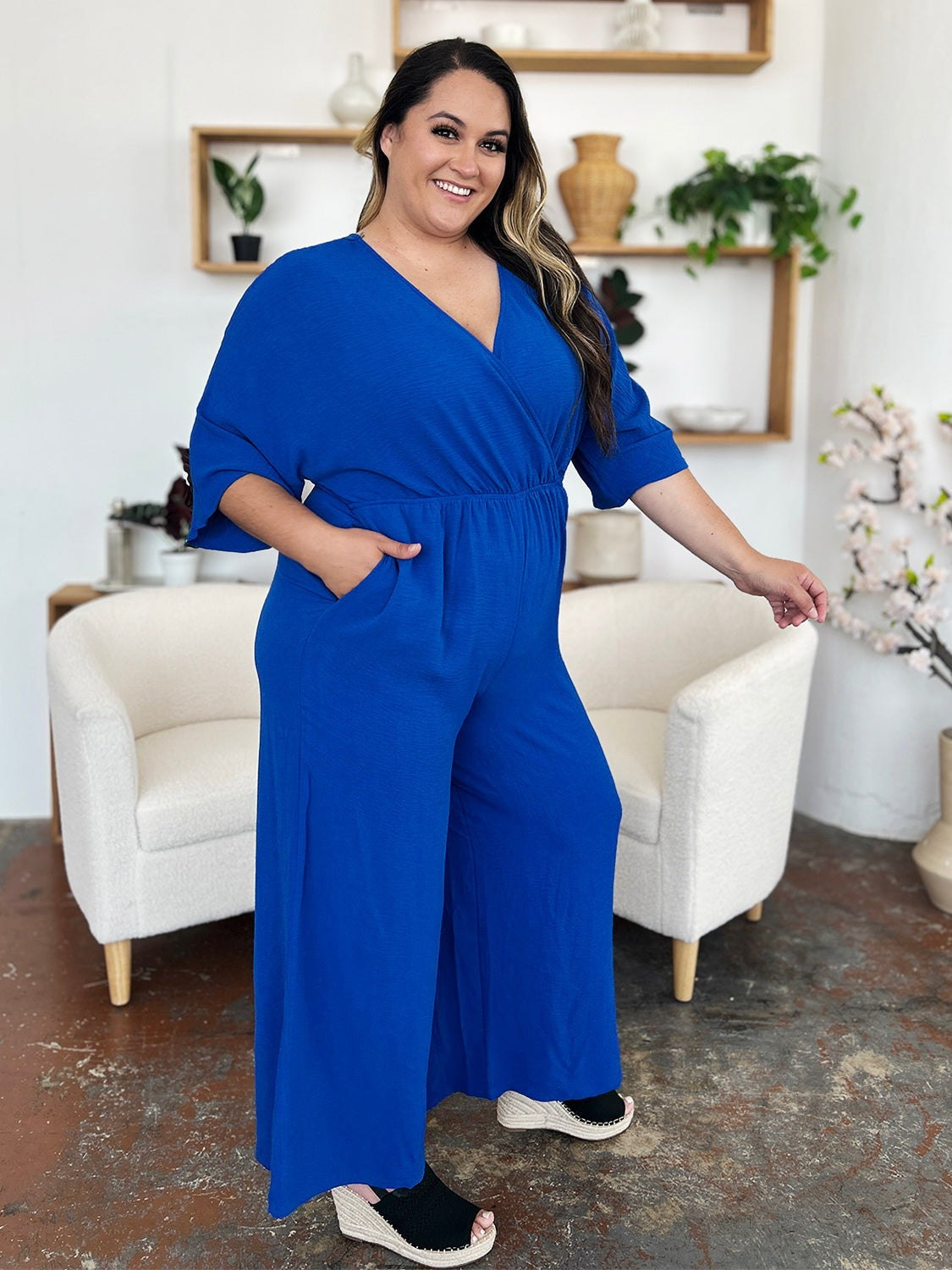Chic Casual Full Size Half Sleeve Wide Leg Jumpsuit