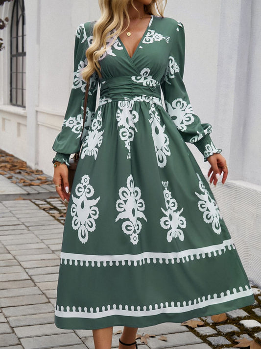 Printed Surplice Lantern Sleeve Midi Dress For Women