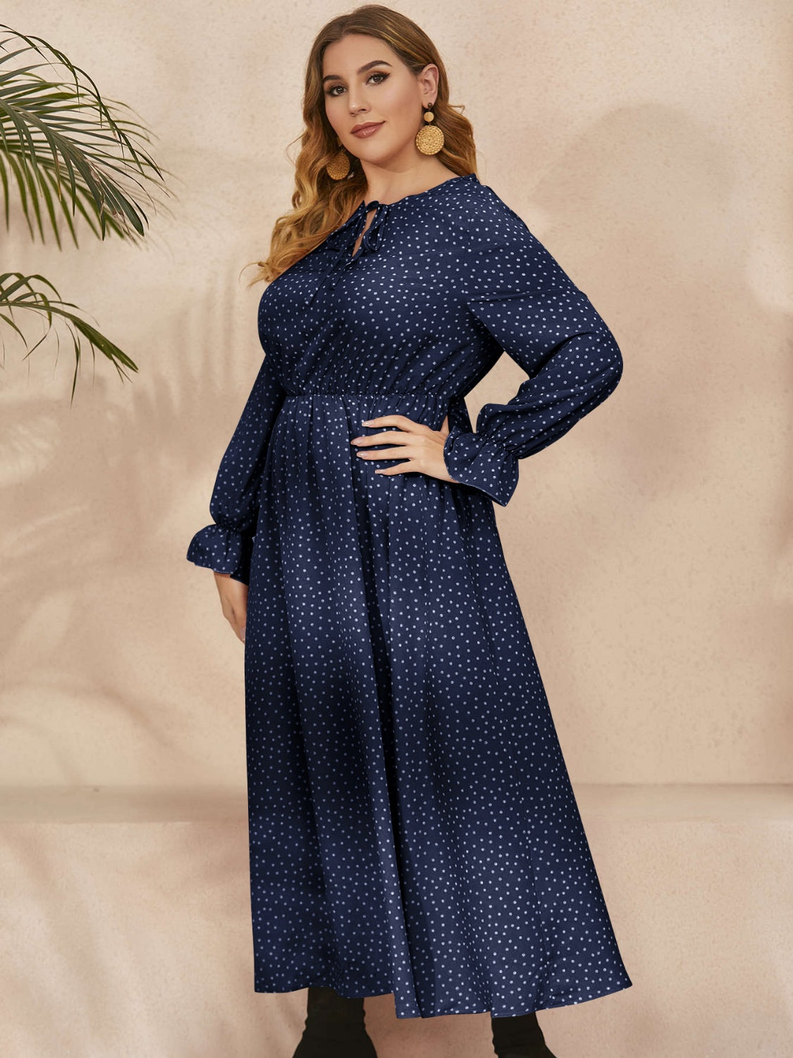 Women Plus Size Ruffled Polka Dot Long Sleeve Midi Dress