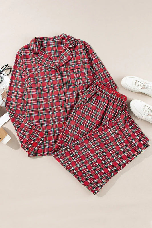 Ladies Pajamas Plus Size Plaid Collared Neck Top and Pants Lounge Set