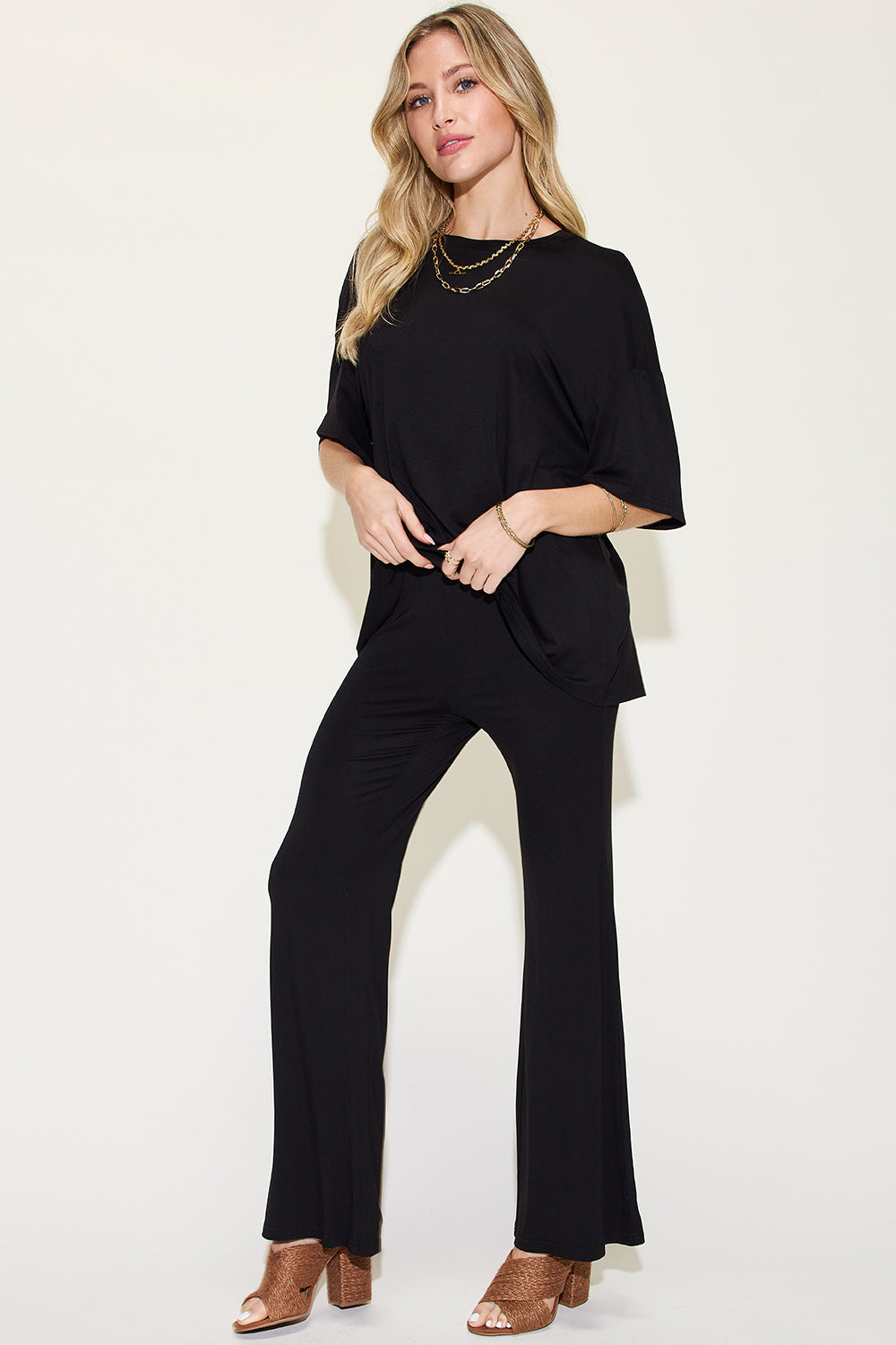 Women's Casual Two-Piece Set Drop Shoulder T-Shirt and Flare Pants