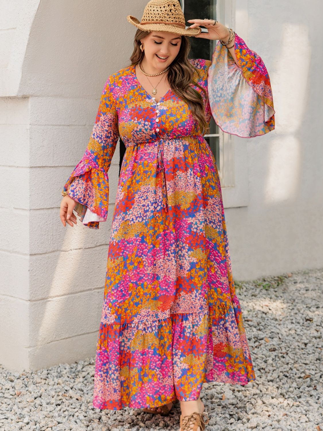 Elegant Women's Plus Size Printed V-Neck Long Sleeve Maxi Dress