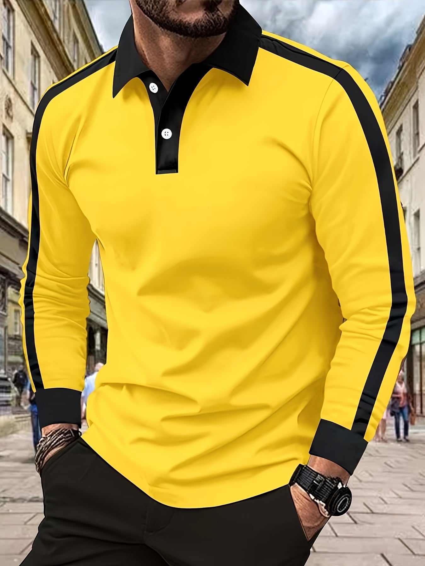 Elegant Men's Ribbed Shirt - Casual Long Sleeve, Button-Up Collar