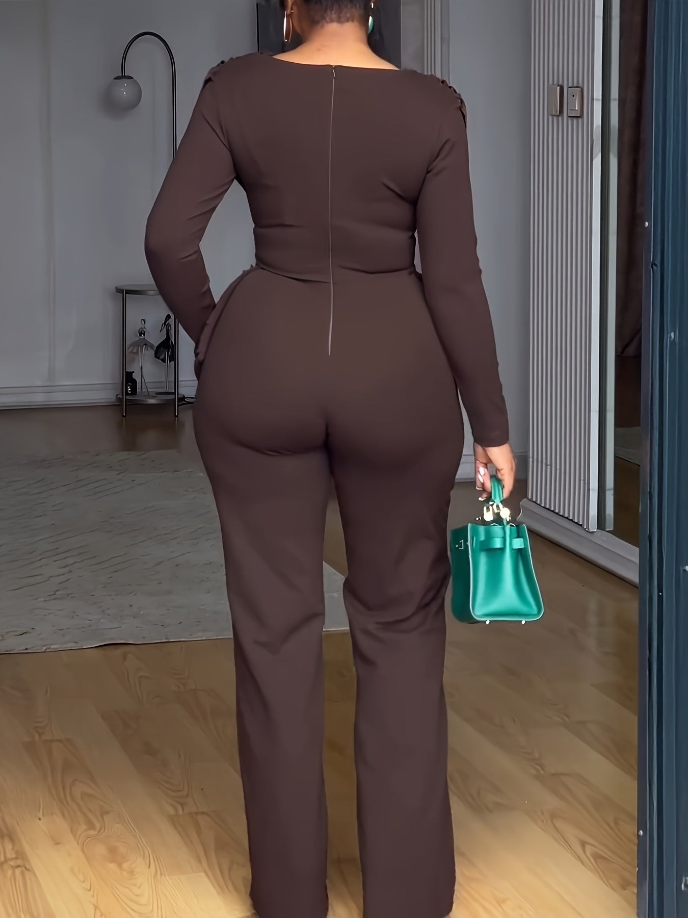 Casual Cinched Waist Zipper Back Straight Leg Jumpsuit with Cowl Neck