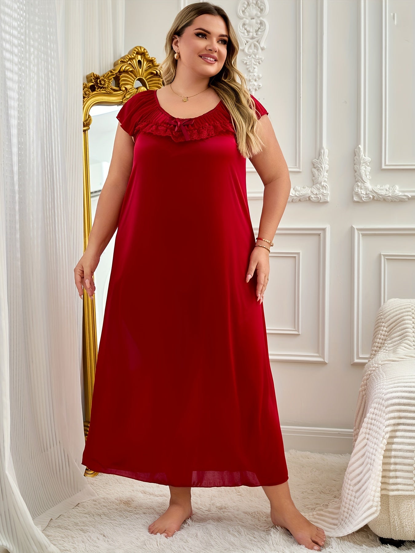 Chic Women's Sleep Dress with Bow Detail - V-Neck, Long Nightgown