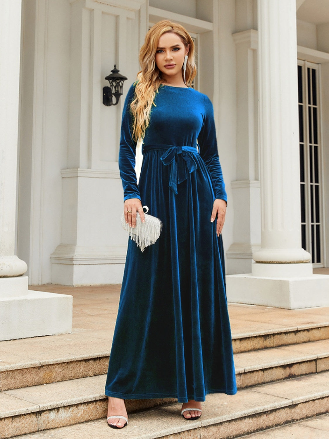 Cocktail Clothes Denim Tie Front Round Neck Long Sleeve Maxi Dress