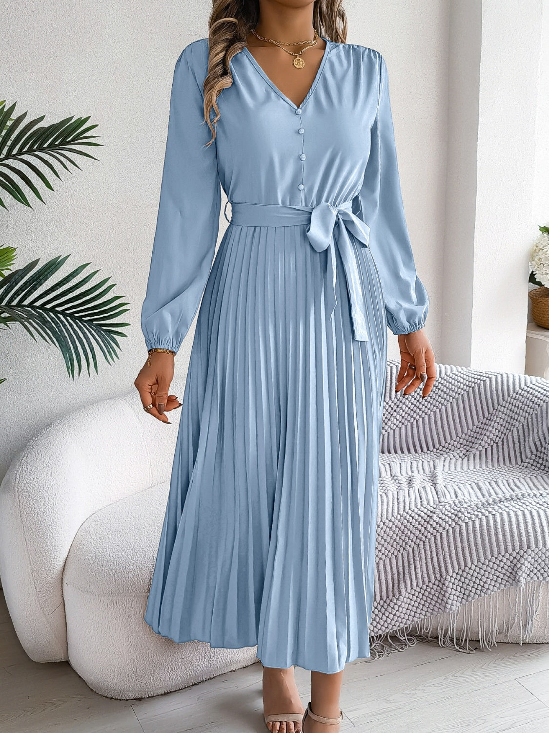 Women Pleated Tied V-Neck Long Sleeve Dress