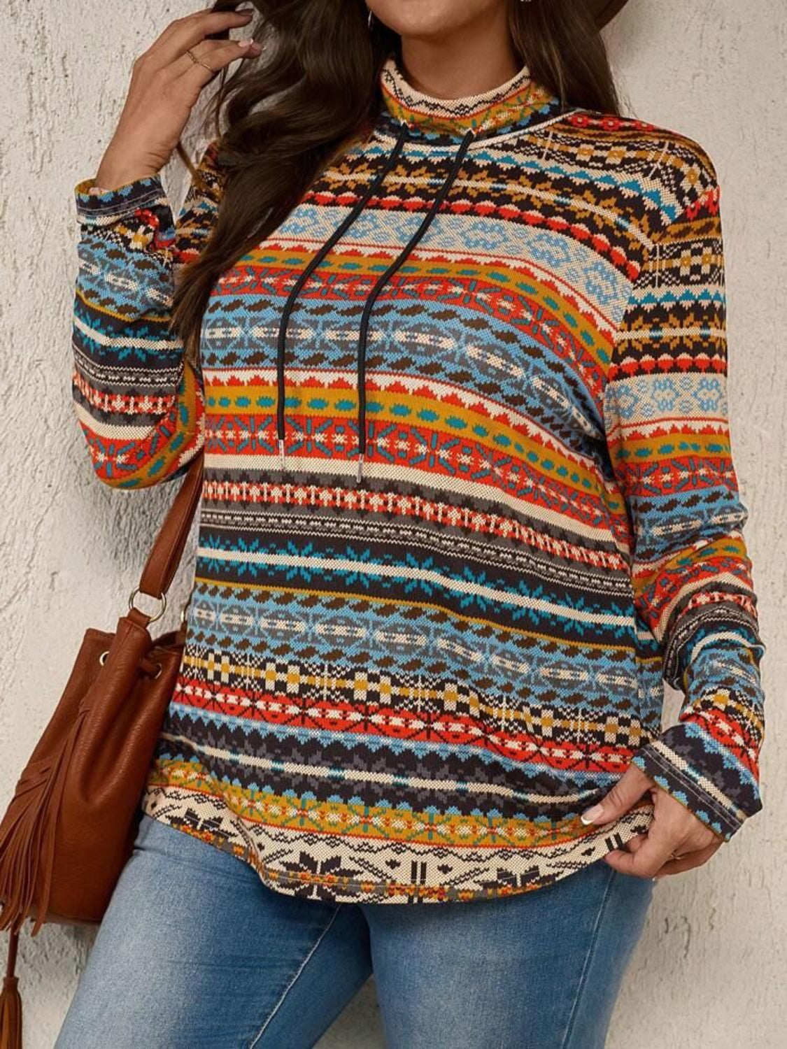 Plus Size Drawstring Printed Mock Neck Long Sleeve Top Pullover