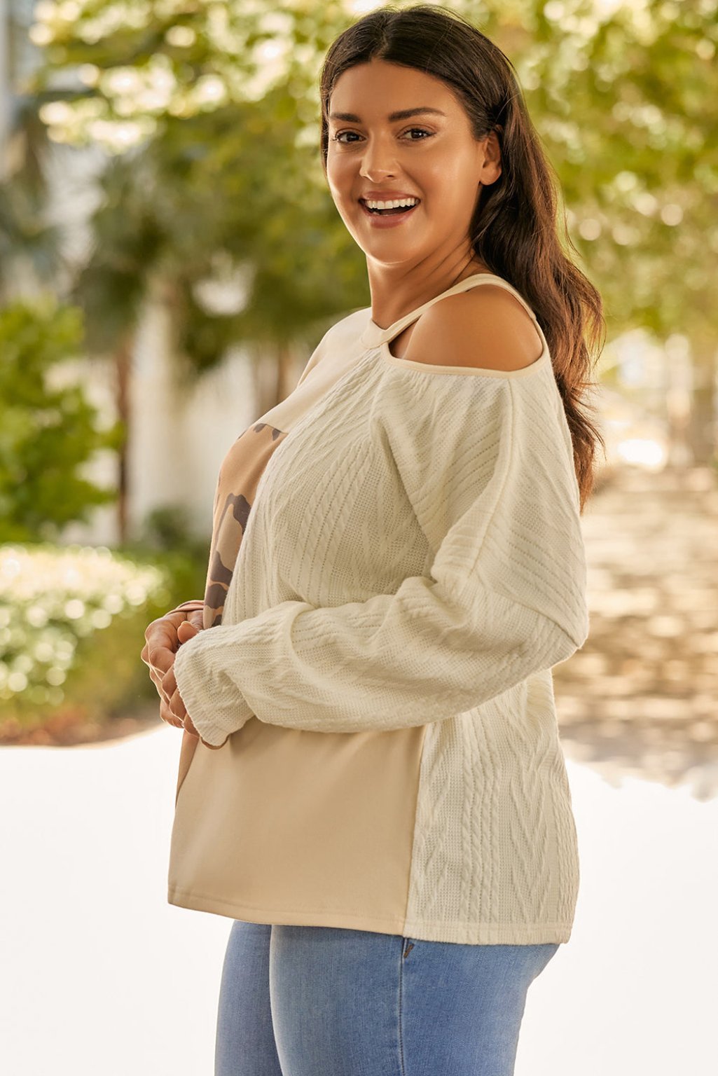 Plus Size Leopard Color Block Long Sleeve T-Shirt for Women