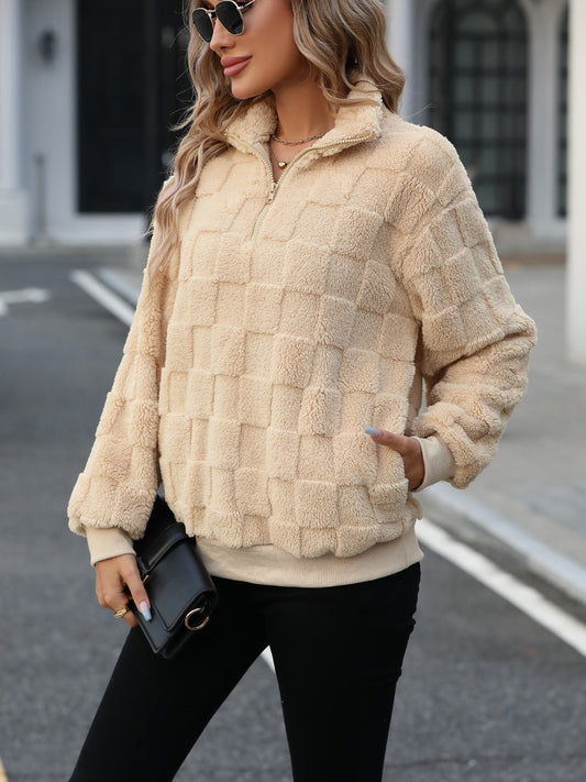 Fuzzy Quarter Zip Long Sleeve Sweatshirt Casual Warm and Cozy Wear