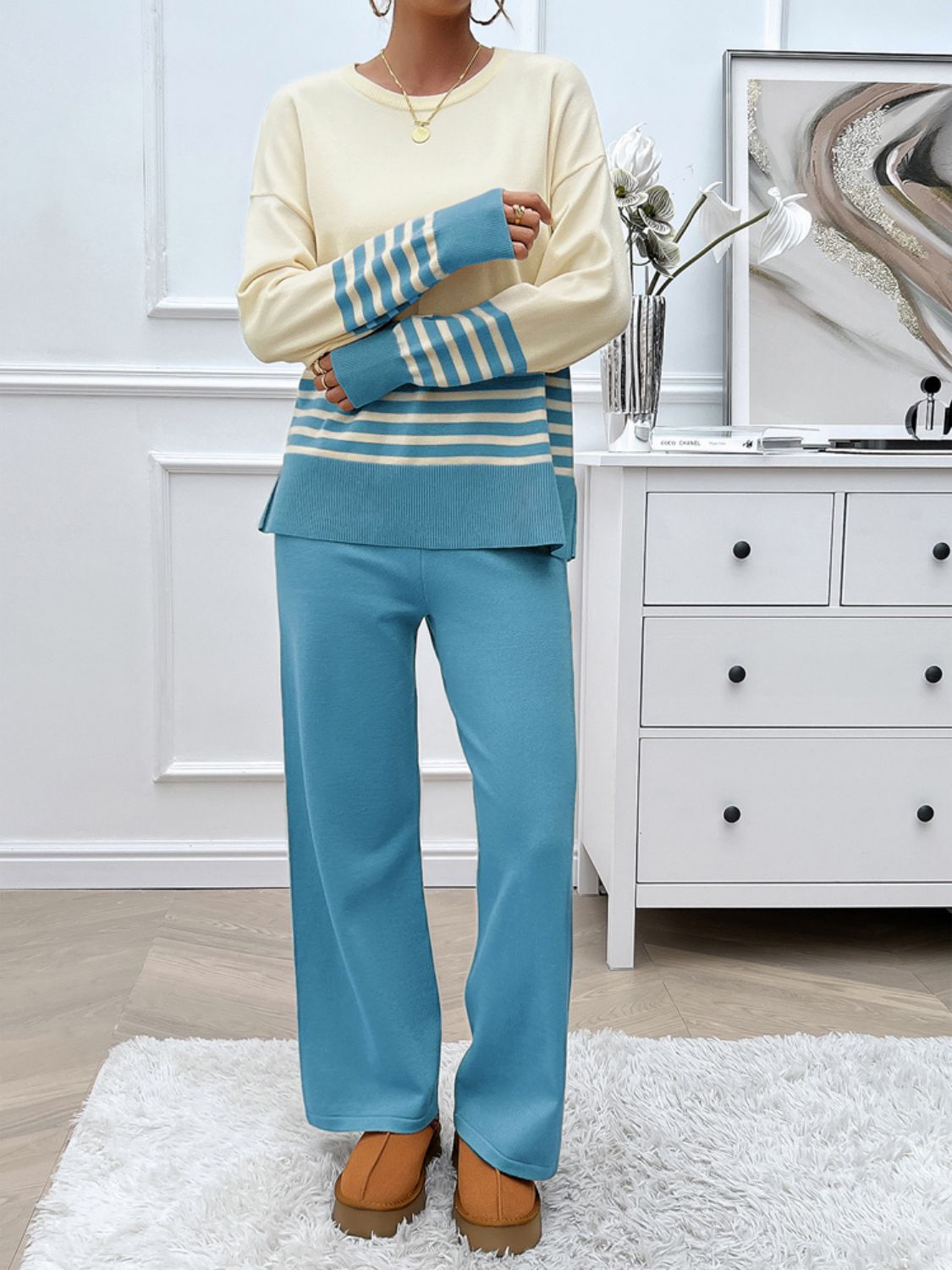 Women Dress Slit Striped Round Neck Top and Pants Sweater Set