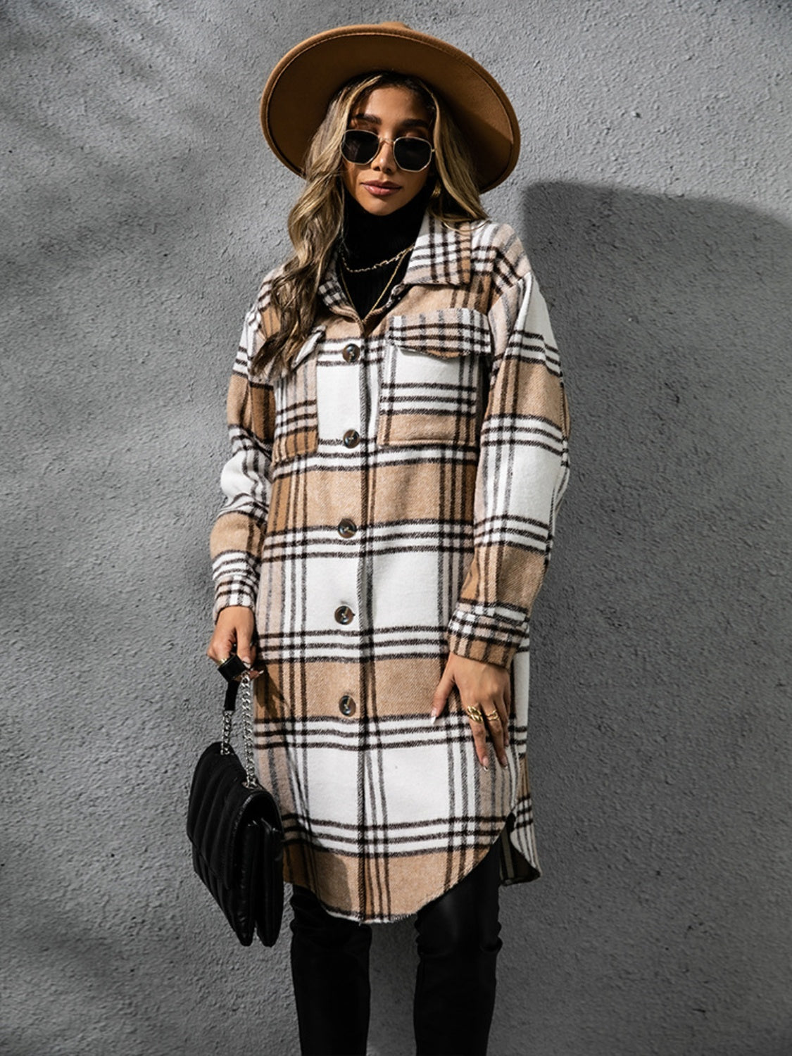 Women Classic Plaid Collared Neck Long Sleeve Stylish Coat Dress