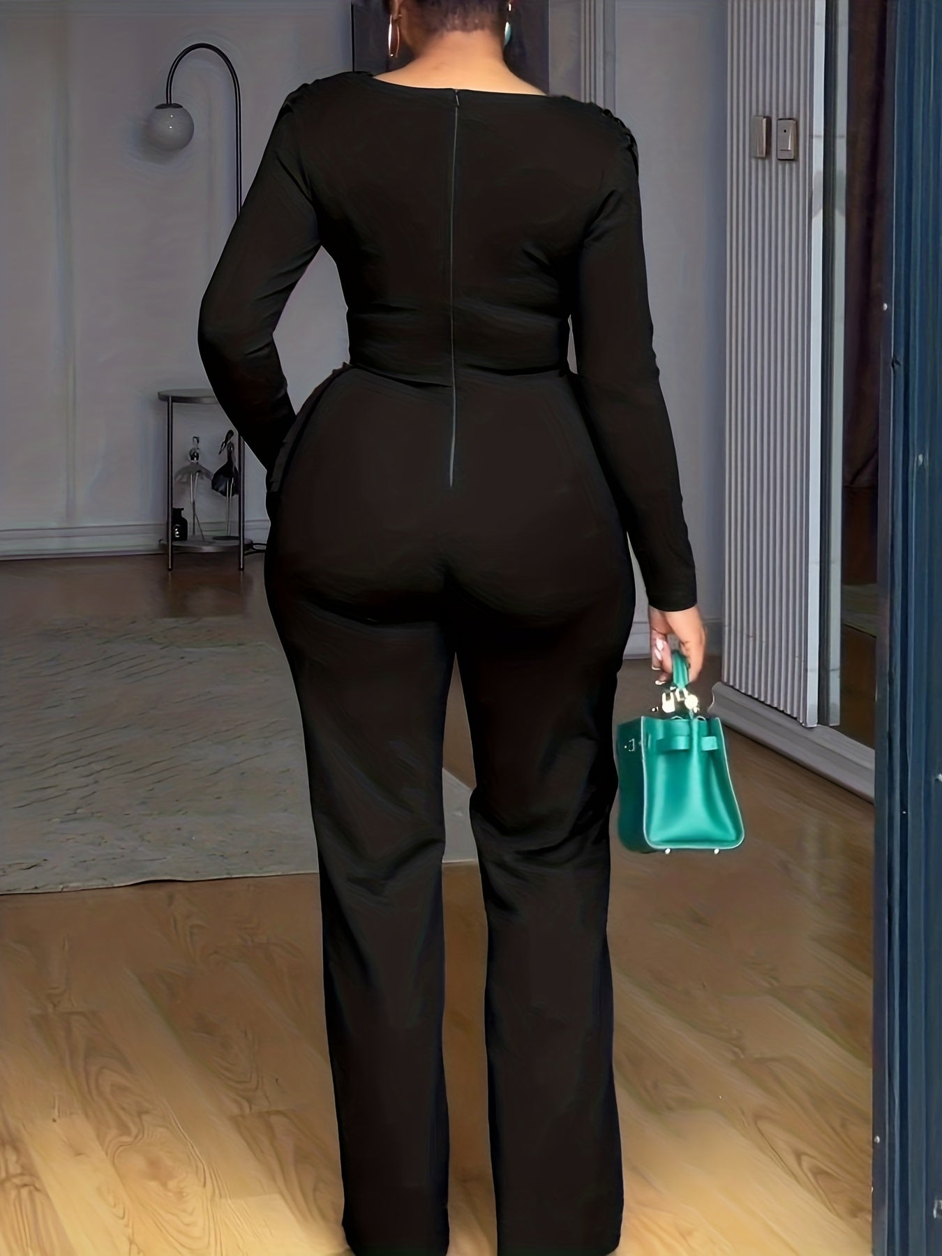 Casual Cinched Waist Zipper Back Straight Leg Jumpsuit with Cowl Neck