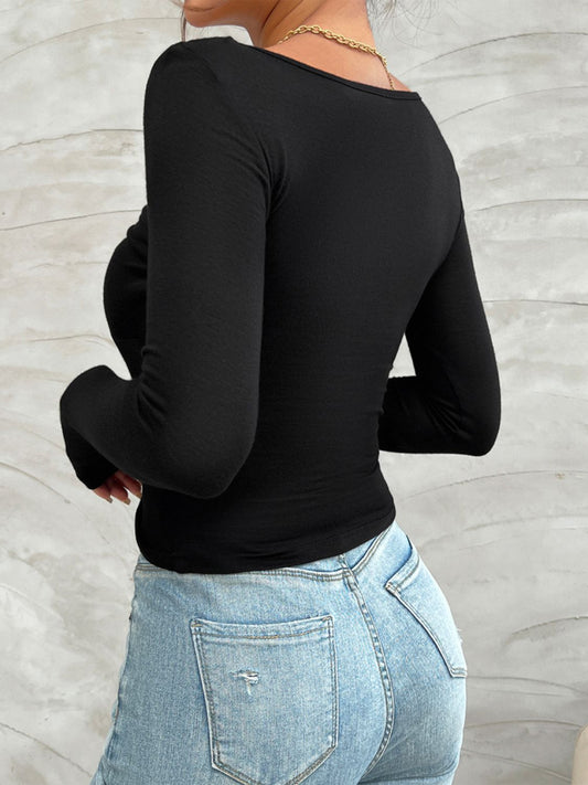 Chic Twist Plunge Long Sleeve T-Shirt Women's Slim-Fit Casual Wear