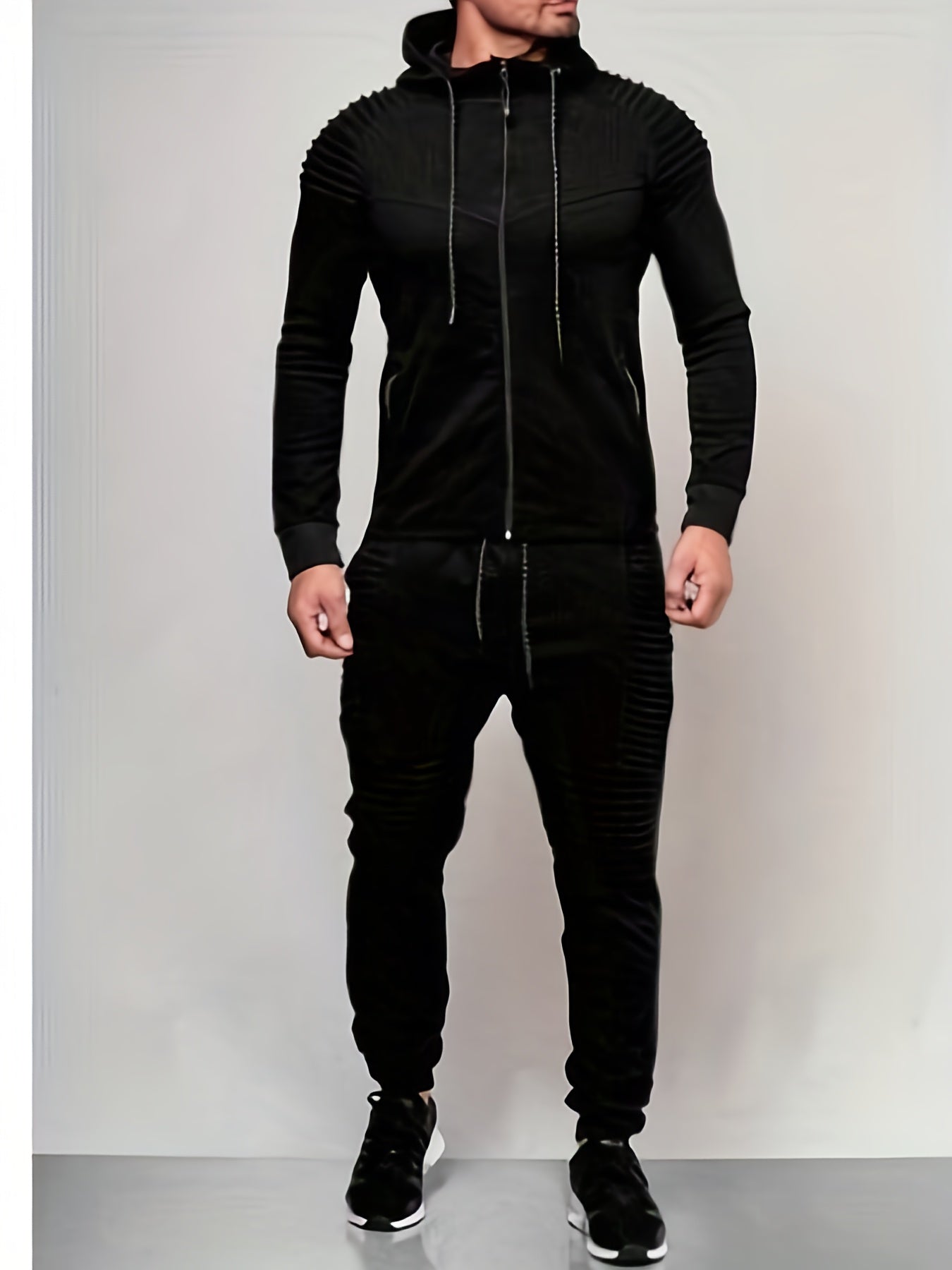 Men Casual Outfit Set, Hoodie Zip Pockets Top, Straps Pants, Sweatsuits