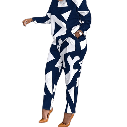 Women's Vintage Print Two-Piece Set with O-Neck Top and Shorts or Pants