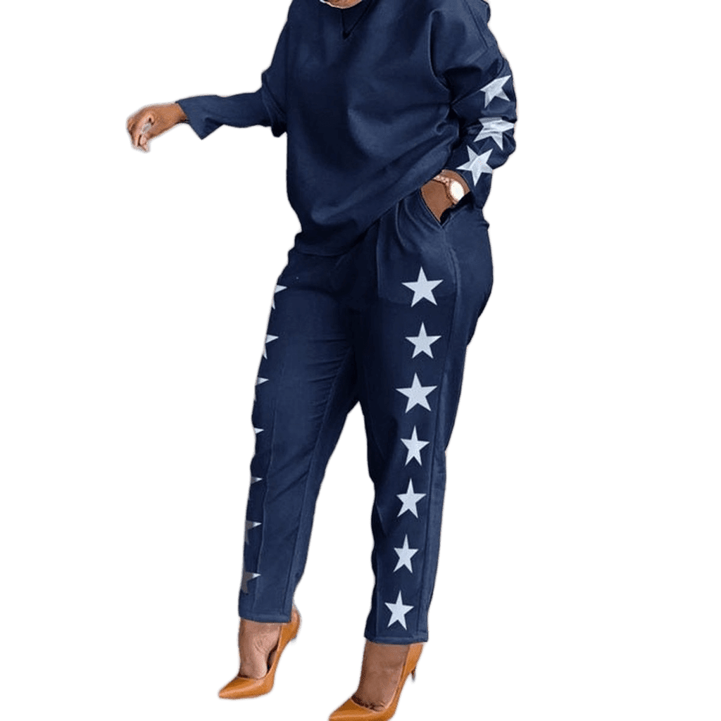 Women's Vintage Print Two-Piece Set with O-Neck Top and Shorts or Pants