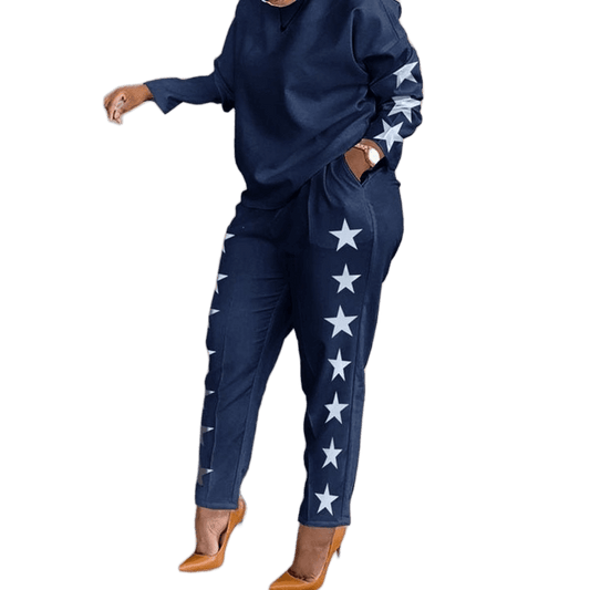 Women's Vintage Print Two-Piece Set with O-Neck Top and Shorts or Pants