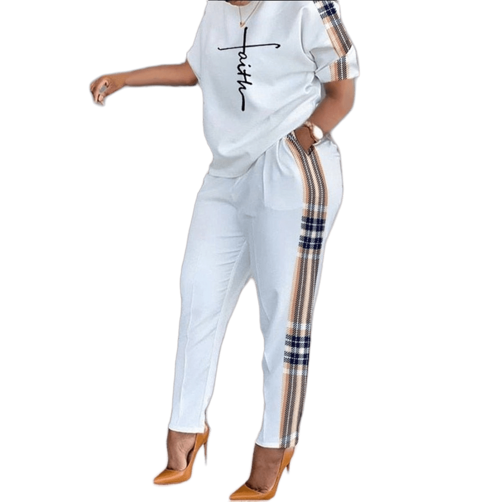 Women's Vintage Print Two-Piece Set with O-Neck Top and Shorts or Pants