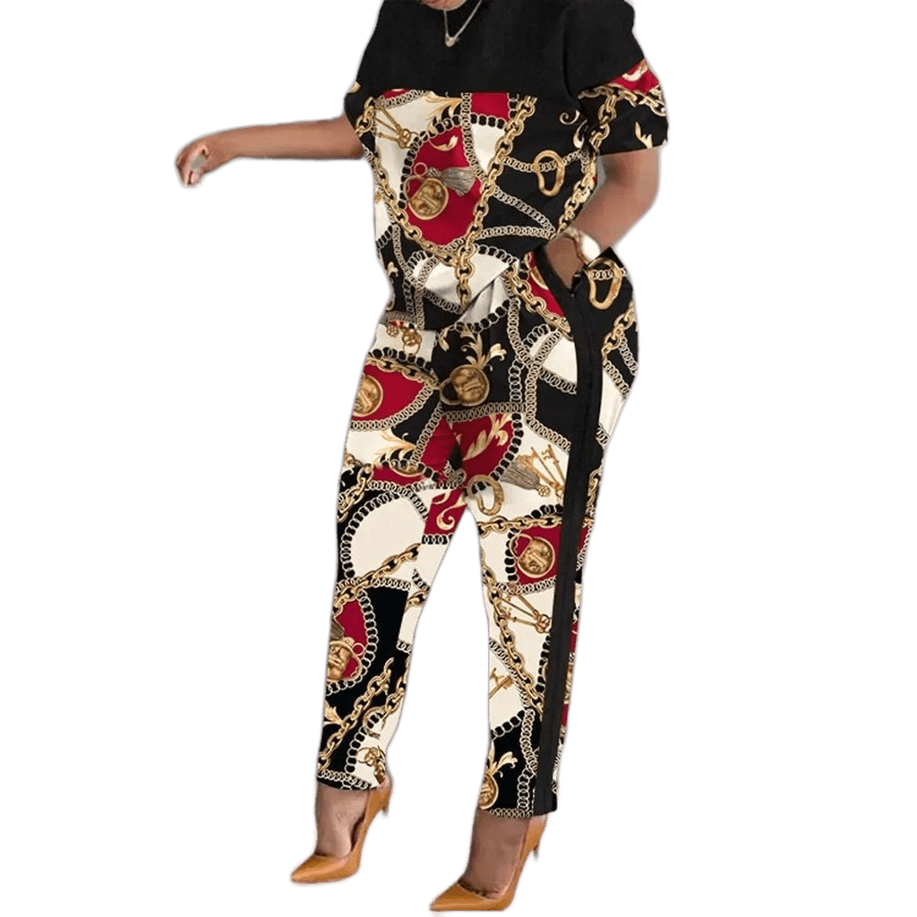 Women's Vintage Print Two-Piece Set with O-Neck Top and Shorts or Pants