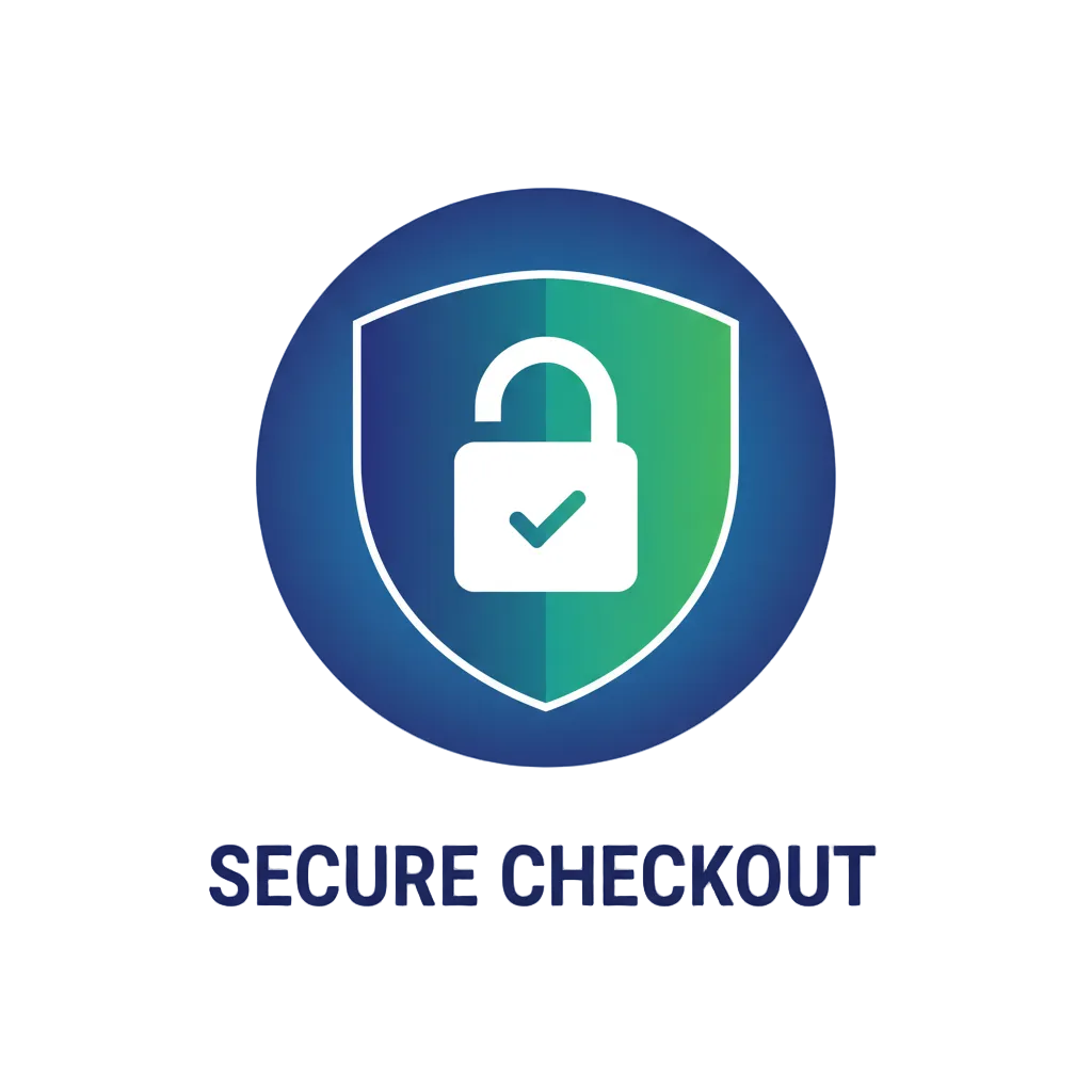 Secure checkout logo with a shield and lock on a light gray background