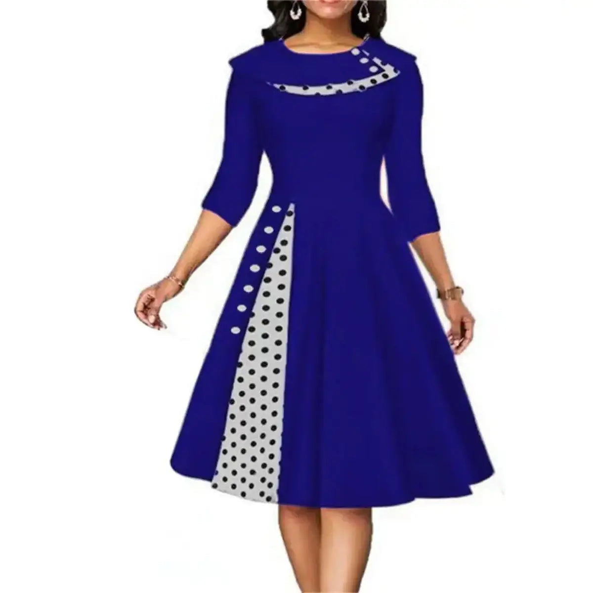 Women Vintage Polka Dot Long Sleeve Buttons Swing Dress