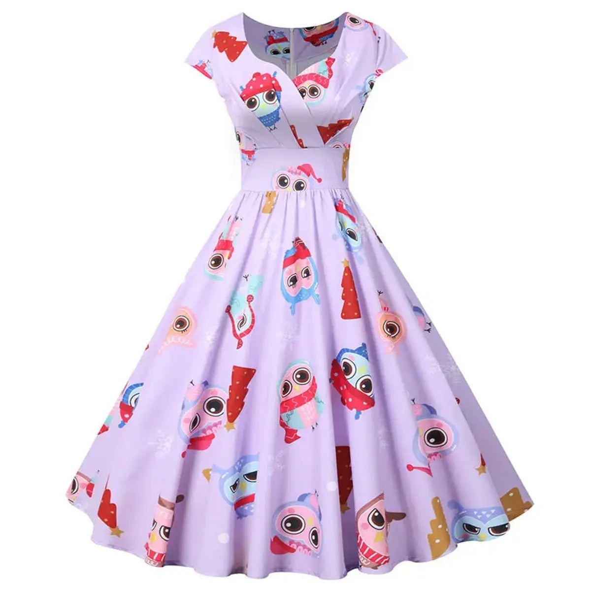 Vintage Christmas Women Dress with Short Sleeve and V Neck