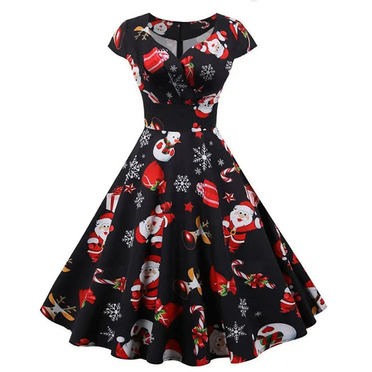 Vintage Christmas Women Dress with Short Sleeve and V Neck