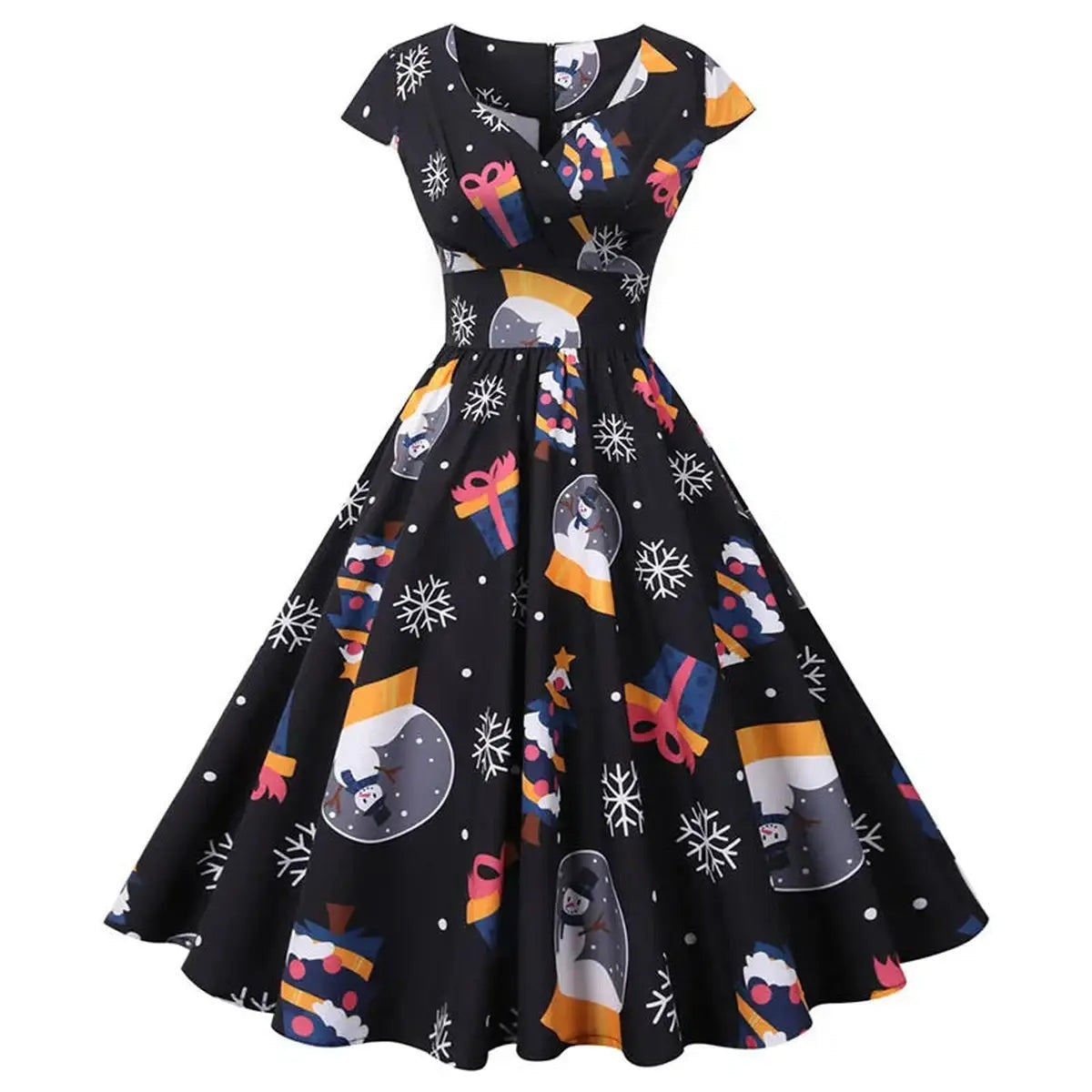 Vintage Christmas Women Dress with Short Sleeve and V Neck