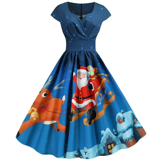 Vintage Christmas Women Dress with Short Sleeve and V Neck