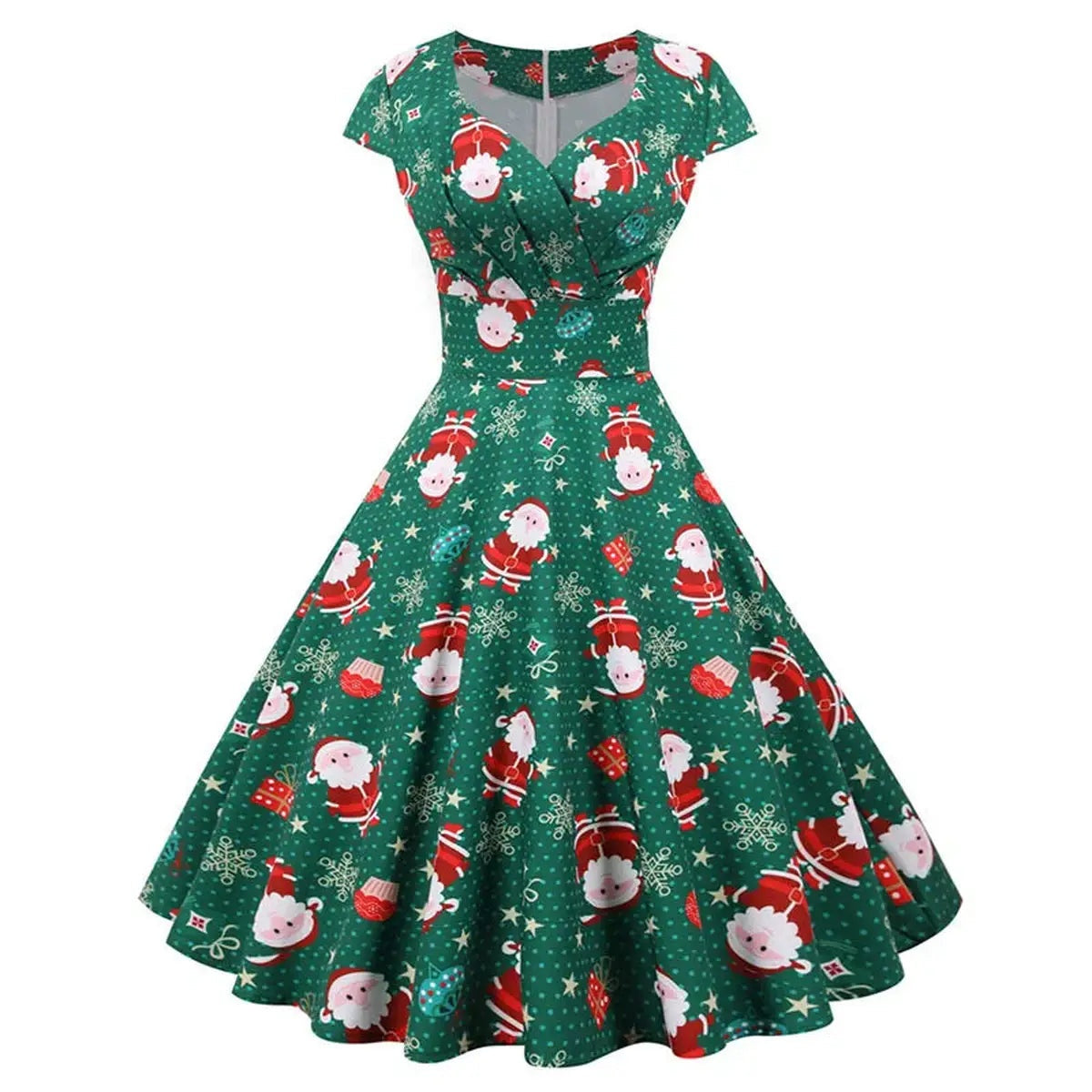 Vintage Christmas Women Dress with Short Sleeve and V Neck