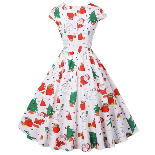 Vintage Christmas Women Dress with Short Sleeve and V Neck