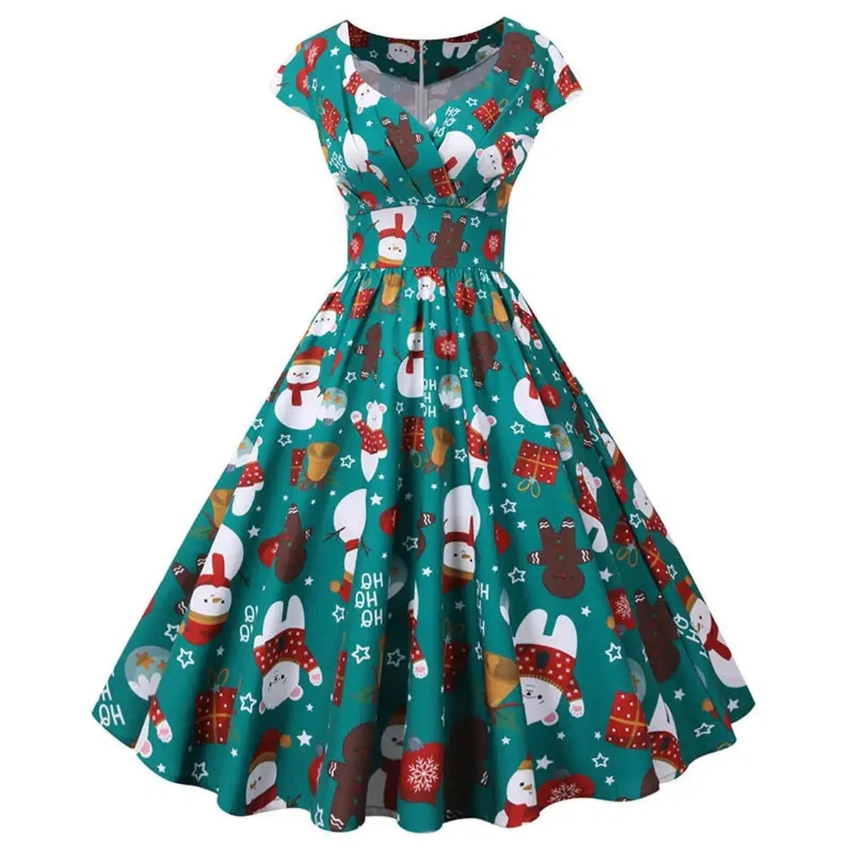 Vintage Christmas Women Dress with Short Sleeve and V Neck