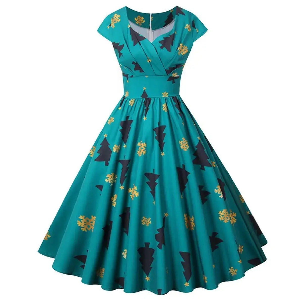 Vintage Christmas Women Dress with Short Sleeve and V Neck