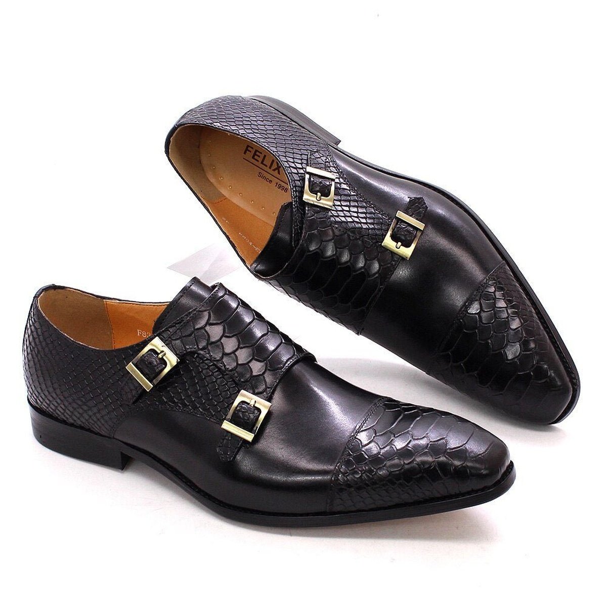 Men's Genuine Leather Double Buckle Dress Shoes with Snake Print Cap Toe